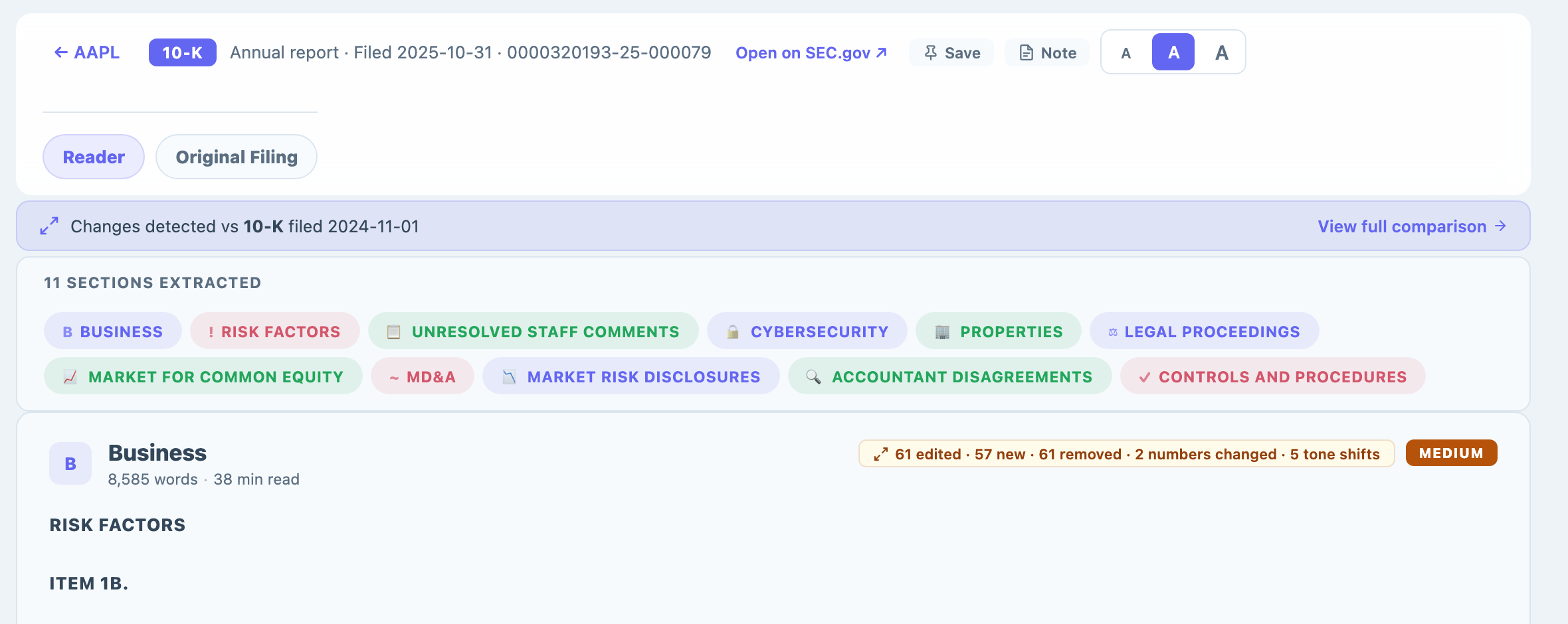 AnalystBook filing reader showing 11 extracted 10-K sections with Risk Factors flagged and change detection