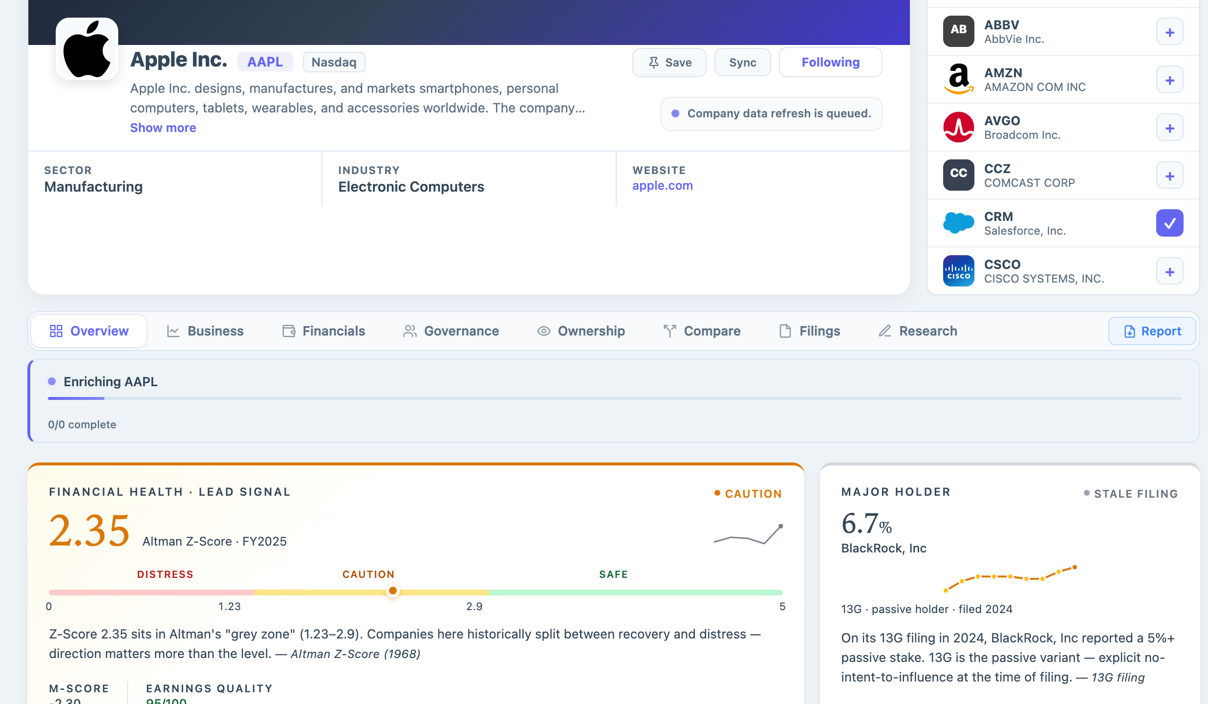 An AnalystBook company dossier — financials, forensic signals, and filings in one workspace